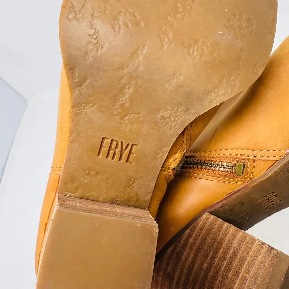 Frye Cara Short Ankle Boots Tan Leather Stacked Heel Western Style Size‎ 7M